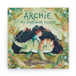 Book cover of 'Archie, My Dinosaur Friend' with a child riding a dinosaur illustration.