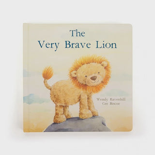 Book titled 'The Very Brave Lion' with a lion on the cover.