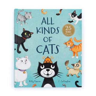 Book cover of 'All Kinds of Cats' with illustrations of cats on a light blue background.