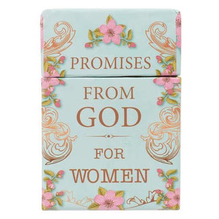 Cardbox with 'Promises from God for Women' text on a light blue background with floral designs.