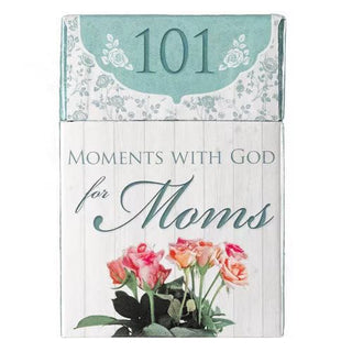 Prayer cards titled '101 Moments with God for Moms' with floral design on a white background