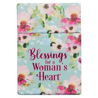 Floral design with 'Blessings for a Woman's Heart' text on a light blue background