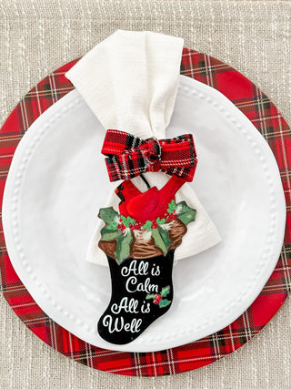 All is Calm All is Well metal ornament with cardinal