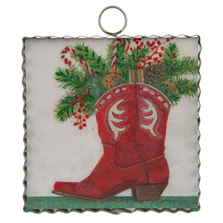 Round Top Charm with a red cowboy boot and Christmas elements on a white background