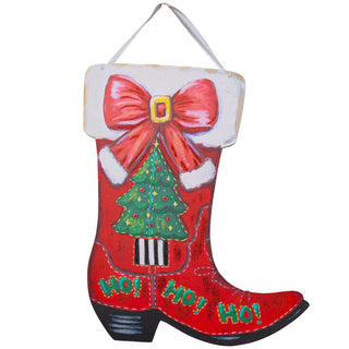 Red cowboy boot Christmas doorhanger with a bow and tree design