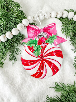 Peppermint ornament with pink bow