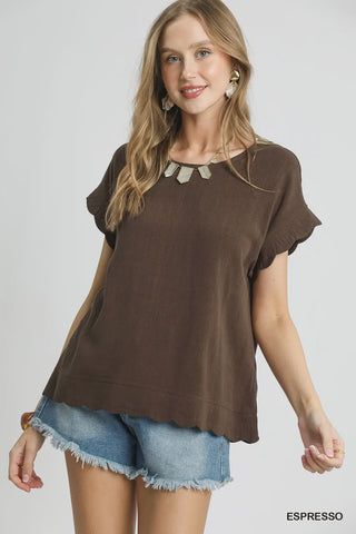 Scallop Hem Linen Blend Top – Espresso