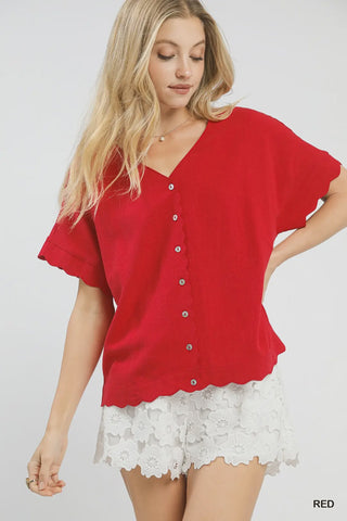 Scallop Hem Linen Blend Top Red