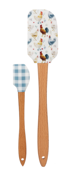 Two spatulas with wooden handles and colorful designs on a white background