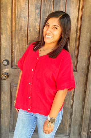 Scallop Hem Linen Blend Top Red