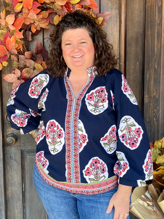 Navy Boho Floral Print Top Reg