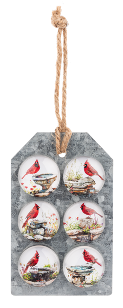 Decorative hanging tag with six circular cardinals designs on a white background