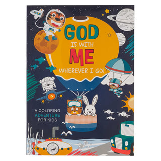 Coloring book cover with space-themed illustrations and text 'God is with me wherever I go'.