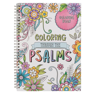 Coloring book titled 'Coloring Through the Psalms' with floral designs on a white background