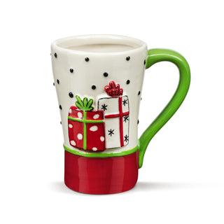 Decorative mug with gift design and green handle on a white background