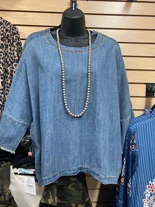 Elly 3/4 Sleeve Top with Fringe - Light Denim