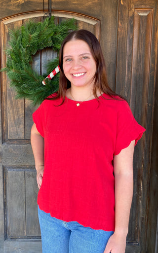 Red Scalloped Linen Blend Top