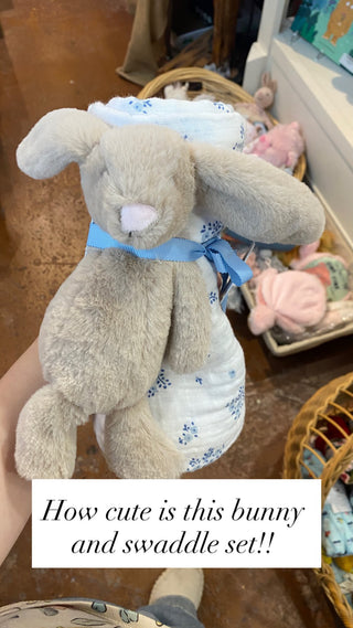 Ditsy Floral Swaddle & Bunny Rattle Set