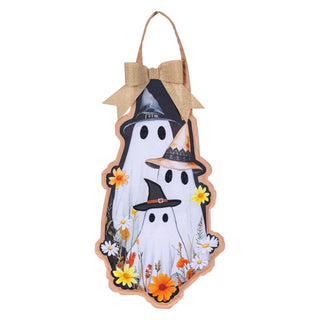 Decorative Halloween sign with ghosts, flowers, and a bow on a white background