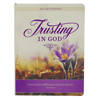 Book titled 'Trusting in God' with a purple flower on a white background