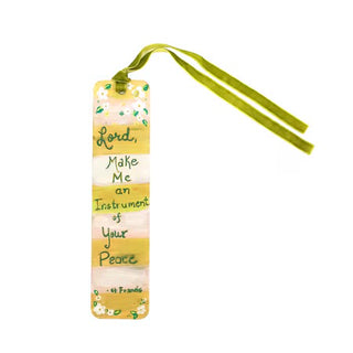 Decorative bookmark with a yellow background and green ribbon on a white background