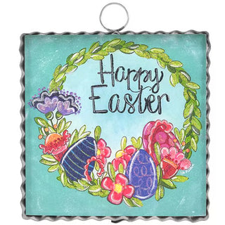  'Happy Easter' text and Easter eggs on a blue background