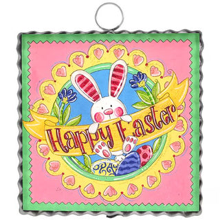 Decorative sign with a bunny and 'Happy Easter' text on a colorful background