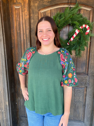 Forest Green Linen Blend Top