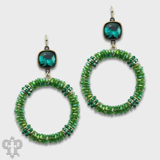 Green beaded hoop earrings with gemstone accents 