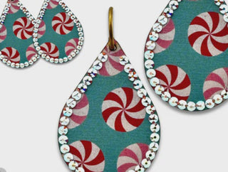 Teardrop-shaped earrings with peppermint candy pattern and rhinestones