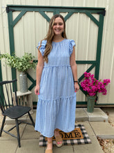 Load image into Gallery viewer, Blue Gingham Bardot Maxi Dress M