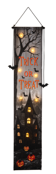 Halloween decorative panel with 'Trick or Treat' text, pumpkins, and a haunted house.
