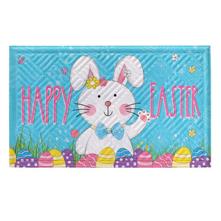 Easter-themed decorative  with a bunny and colorful eggs on a blue background