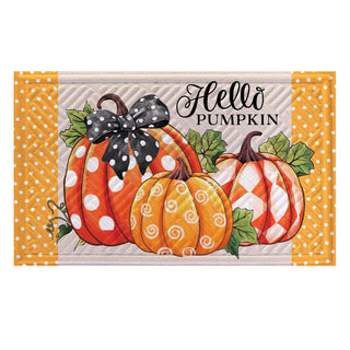 Decorative mat with pumpkins and 'Hello Pumpkin' text on a yellow polka dot border.