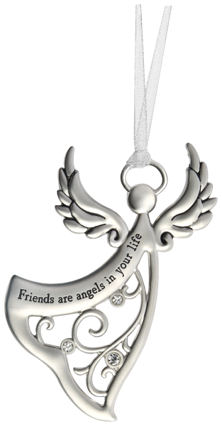Silver angel wing ornament with 'Friends are angels in your life' text