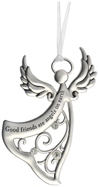 Silver angel wing ornament with 'Good friends are angels on earth'