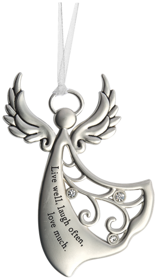 Silver angel ornament with engraved text 