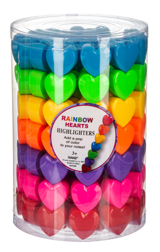 Container of rainbow heart highlighters 