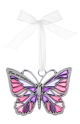 Butterfly-shaped ornament with pink and purple wings 