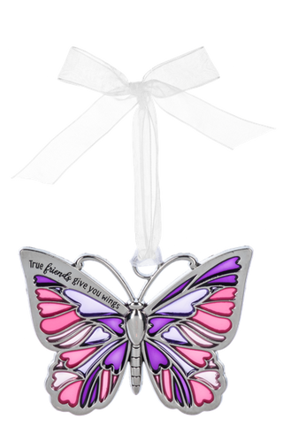 Butterfly-shaped ornament with pink and purple wings and a white ribbon 