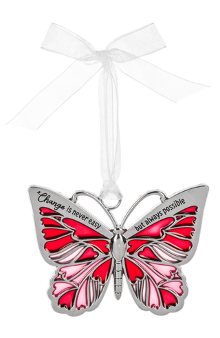 Butterfly ornament with red wings and silver frame