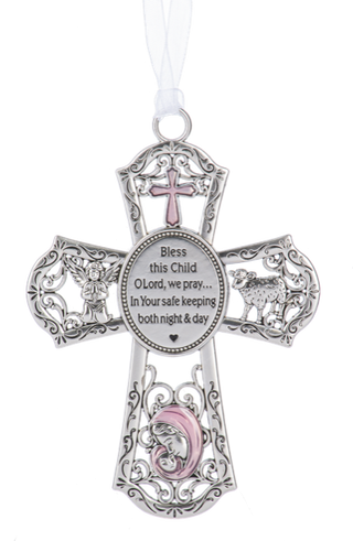 Decorative cross ornament with religious text and pink accents