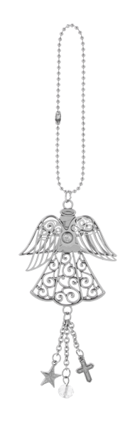 Decorative angel charm with wings and star-shaped pendants on a white background