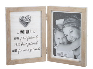 Wooden photo mother frame with a heart-shaped object and text on one side, and a black and white photo of two people on the other side.
