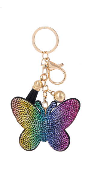 Multicolored rhinestone butterfly keychain with gold accents 