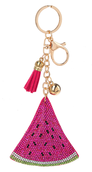 Keychain with rhinestone watermelon design and pink tassel 