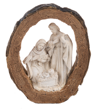 Decorative nativity scene with figures in a rustic frame on a white background