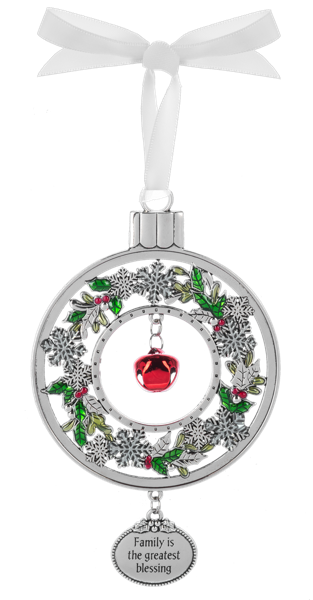 Decorative Christmas ornament with a wreath design, red bell, and 'Family is the greatest blessing' tag