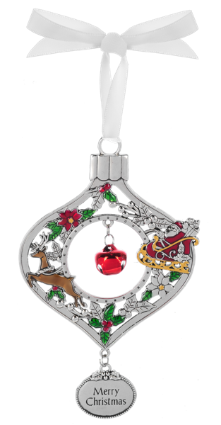 Decorative Christmas ornament with Santa, reindeer, and bell 