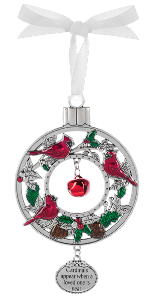 Decorative Christmas ornament with cardinals and holly 